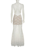 Nukty  Women's Sexy Halter Neck Lace Maxi Dress Backless See through Long Evening Gown for Party Prom Elegant Hollow out Wrap Dress