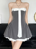 Nukty  Bow Contrast Patchwork Strapless Dress Women Off-shoulder Tube Party Dress High Waist A-line Mini Dresses Club Party