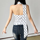Nukty  Women's Polka Dots Print Halter Neck Camisole Summer Holiday Cro Top Y2K Coquette Backless Hollow out Ribbon Design