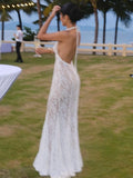 Nukty  Women's Sexy Halter Neck Lace Maxi Dress Backless See through Long Evening Gown for Party Prom Elegant Hollow out Wrap Dress