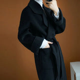 Nukty Wool Coat Female Office Lady Side Cut Turn-down Collar Outwear Long Black Camel Women's Jacket Overcoat with Belt
