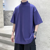 Nukty Streetwear Turtleneck Men Tshirt Solid Hip Hop Male Oversized T shirts Man Casual Short Sleeve Top Tees Black/White/Purple