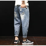 Nukty Men Summer Ripped Ankle Length Plus Size Jeans 38 40 42 Harem Holes Hip Hop Trousers Denim Scratched Loose Boys Cool Blue Pants