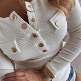 Nukty Women Autumn Knitted Sweater O Neck Pullover Long Sleeve T shirt Loose Leisure Elegant Buttons feminina Tee Female Tops
