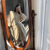 Nukty Women Autumn Winter Vintage Long Dress Elegant Full Sleeve Single Breasted Tunic Casual Corduroy Dress with Pocket Vestidos