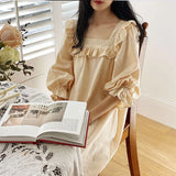 Nukty Women's Lolita Dress Cream-colored Square Neck Princess Sleepshirts Vintage Ladies Nightgowns Nightdress Cute Lounge Sleepwear
