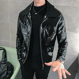 Nukty Shiny Leather Jacket Men's Stage Costume Red Black Brown Nightclub Club Men's Leather Jacket Solid Color Slim Men's Jacket Coats