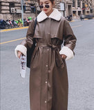 Nukty Winter Long Warm Thick Leather Trench Coat for Women with Faux Fur Inside Belt Loose Korean Fashion Fur Lined Parka