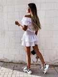 Nukty Women's Warp V Neck Dress Short Puff Sleeve Solid Color Shirred High Waist Ruffle Mini Dress