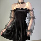 Nukty Gothic Sexy Dress Vintage Off Shoulder Lantern Sleeve Mesh Patchwork Mini Dress Dark Street Black Dress Female
