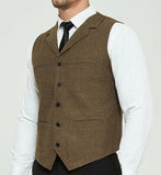 Nukty Men's Grey Herringbone Wool Tweed Slim Fit Leisure Cotton Suit Burgundy Vest Gentleman Business Waistcoat For Wedding