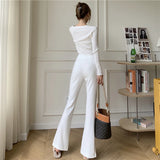 Nukty Micro-Flared Pants Women's High Waist Slim Casual Chic Wide Leg Split Trousers Elegant Black White Suits Pants
