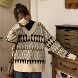 Nukty Sweaters Women Vintage Argyle Korean All-match Chic V-Neck Ladies Pullovers Student Lazy Style Popular Winter Women Sweater New