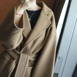 Nukty Wool Coat Female Office Lady Side Cut Turn-down Collar Outwear Long Black Camel Women's Jacket Overcoat with Belt
