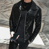 Nukty Shiny Leather Jacket Men's Stage Costume Red Black Brown Nightclub Club Men's Leather Jacket Solid Color Slim Men's Jacket Coats