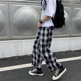 Nukty Men Casual Pants Plaid Ankle Length Loose Wide Leg All-match Elastic Waist Fashion Trousers Streetwear Harajuku Korean Retro Ins