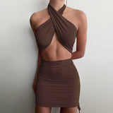 Nukty Summer Women's Dress Sexy Halter Skinny Mini Dresses for Women Pleated Cut Out Backless Sundress Solid Color Outfits NEW