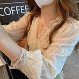 Nukty Shirts Women Solid Lace V-Neck Gentle All-match Stylish Simple Elegant Soft New Arrival Streetwear Long Sleeve Korean Style Tops