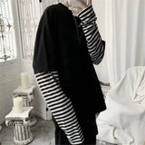 Nukty Cool Striped Patchwork T-Shirt Men Autumn Oversize Tops Boys Solid Long Sleeve T Shirt Fashion Japanese Gothic Japan T Shirt