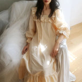 Nukty Women's Lolita Dress Cream-colored Square Neck Princess Sleepshirts Vintage Ladies Nightgowns Nightdress Cute Lounge Sleepwear