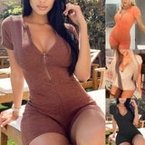 Playsuits Summer Women Deep V-neck Zip Up Ribbed Short Rompers Streetwear Short Sleeve Skinny Jumpsuits Biker Shorts
