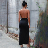 Nukty Halter Drawstring Sexy Bodycon Bandage Dress Women Summer Dress Split Hollow Out Backless Long Maxi Dresses