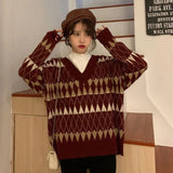 Nukty Sweaters Women Vintage Argyle Korean All-match Chic V-Neck Ladies Pullovers Student Lazy Style Popular Winter Women Sweater New