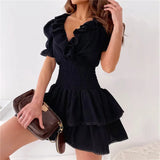 Nukty Women's Warp V Neck Dress Short Puff Sleeve Solid Color Shirred High Waist Ruffle Mini Dress