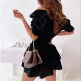 Nukty Women's Warp V Neck Dress Short Puff Sleeve Solid Color Shirred High Waist Ruffle Mini Dress