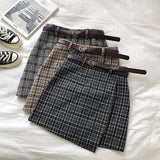 Nukty Korean Irregular Lady Skirt Female Autumn Sweet High Waist A-line Mini Skirt Belt Vintage Casual Women Plaid Skirt Sashes