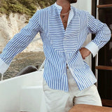 Nukty Men's Hawaiian Patchwork Striped Long Sleeve Shirts Fashion Casual Stand Collar Vacation Quick Dry Streetwear Leisure Blouse