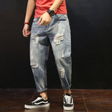 Nukty Men Summer Ripped Ankle Length Plus Size Jeans 38 40 42 Harem Holes Hip Hop Trousers Denim Scratched Loose Boys Cool Blue Pants