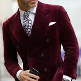 Nukty WELL DRESSED MEN Burgundy Velvet Blazer for Men with Double Breasted Dinner Jacket Elegant Smoking Suit Coat