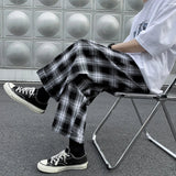 Nukty Men Casual Pants Plaid Ankle Length Loose Wide Leg All-match Elastic Waist Fashion Trousers Streetwear Harajuku Korean Retro Ins