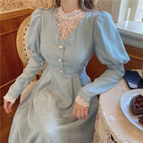 Nukty Solid Elegant Dress Women Winter Patchwork Lace Party Midi Dress Female Casual French Style Sweet Kawaii Korean Dress Women