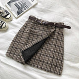 Nukty Korean Irregular Lady Skirt Female Autumn Sweet High Waist A-line Mini Skirt Belt Vintage Casual Women Plaid Skirt Sashes