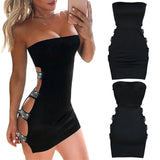 Nukty New Womens Sexy Tube Tops Pencil Dress Fashion Solid Color Rhinestone Hollow Skinny Short Dress Street Style Black Chic XS-L
