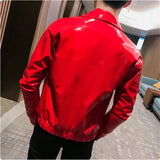 Nukty Shiny Leather Jacket Men's Stage Costume Red Black Brown Nightclub Club Men's Leather Jacket Solid Color Slim Men's Jacket Coats