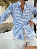 Nukty Men's Hawaiian Patchwork Striped Long Sleeve Shirts Fashion Casual Stand Collar Vacation Quick Dry Streetwear Leisure Blouse