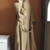 Nukty Wool Coat Female Office Lady Side Cut Turn-down Collar Outwear Long Black Camel Women's Jacket Overcoat with Belt
