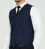 Nukty Men's Grey Herringbone Wool Tweed Slim Fit Leisure Cotton Suit Burgundy Vest Gentleman Business Waistcoat For Wedding