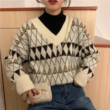 Nukty Sweaters Women Vintage Argyle Korean All-match Chic V-Neck Ladies Pullovers Student Lazy Style Popular Winter Women Sweater New