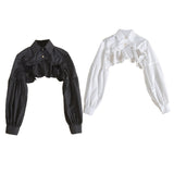 Nukty Women Puff Long Sleeve Half Top Blouse Ruffled Edge Golden Button Detachable False Fake Collar Winter Sweater Decorative