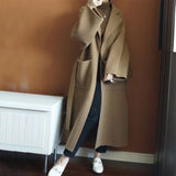Nukty Wool Coat Female Office Lady Side Cut Turn-down Collar Outwear Long Black Camel Women's Jacket Overcoat with Belt