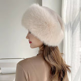 Nukty Fur Hat Women Warm Snow Ski Cap Female Faux Fox Fur Bomber Hat Lady Windproof Winter Hats for Women Russian Hat Ushanka
