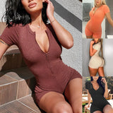 Nukty Playsuits Summer Women Deep V-neck Zip Up Ribbed Short Rompers Streetwear Short Sleeve Skinny Jumpsuits Biker Shorts