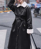 Nukty Winter Long Warm Thick Leather Trench Coat for Women with Faux Fur Inside Belt Loose Korean Fashion Fur Lined Parka