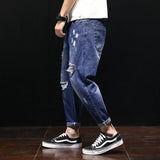 Nukty Men Summer Ripped Ankle Length Plus Size Jeans 38 40 42 Harem Holes Hip Hop Trousers Denim Scratched Loose Boys Cool Blue Pants