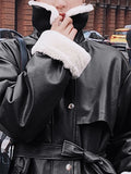Nukty Winter Long Warm Thick Leather Trench Coat for Women with Faux Fur Inside Belt Loose Korean Fashion Fur Lined Parka