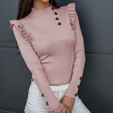 Nukty Plus Size Autumn Winter Women Blouse Long Sleeve Knitwear Rib Ruffle Buttons Blouse Basic Shirt
